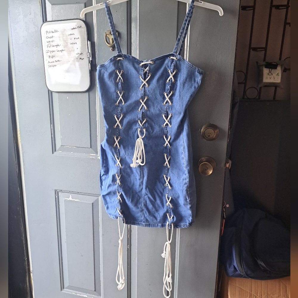 Shein Lace-Up Denim Bodycon Dress sz L 8/10